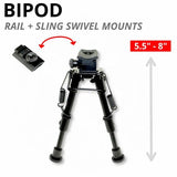 Sling Stud Bipod / Picatinny Bipod, Aluminum, Folding, Height Adjustable 5.5" To 8"