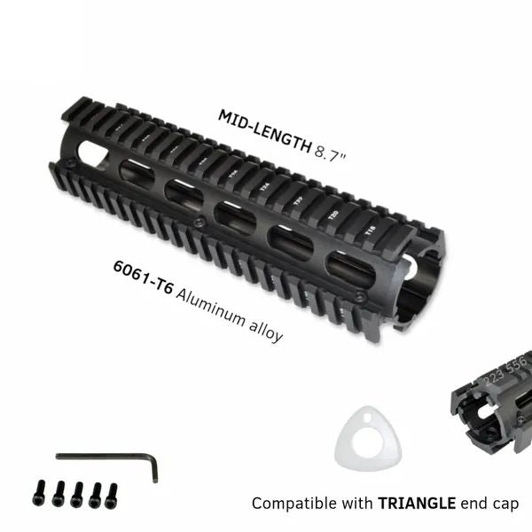 8.75" Mid Length 2 Piece Drop-in Quad Rail Handguard For Triangle End Cap, AR15 .223 - Aluminum - Black